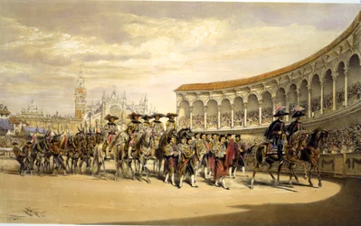 Intocht van de toreros in processie. Lake Price (ca. 1810-1896) Engelse kunstenaar. Stierenvechters in processie in het stadion van Sevilla, Spanje. Corrida Matador Traditie Kostuum Bloed Sport Spektakel