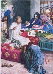 Maria en de albasten doos, uit Het Bijbel Prentenboek uitgegeven door Thomas Nelson, ca.1950