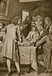 Paterson legt het Darien-plan uit in Edinburgh, 1694, illustratie uit 