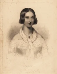 Jonge koningin Victoria, begin 20. Staalgravure door William Henry Mote naar een illustratie van William Drummond uit Charles Heath