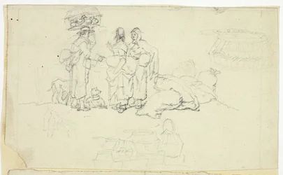 Figuren met marktgoederen en drie schetsen