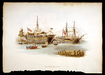 Gevangenisschepen of tenders in de Theems bij de Tower of London, 1805