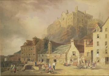 Kasteel van Edinburgh vanaf de Grass Market, met zicht op de Little West Port, c.1820