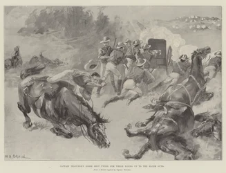 Het paard van kapitein Thatcher werd neergeschoten terwijl hij naar de Maxim Guns reed