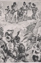 Volgelingen van Carmichael vuurden een salvo in de dichte menigte: Slag bij Bharatpur 1826, illustratie uit Britse gevechten op land en zee, 1915