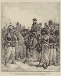 Generaal Ghous-ud-din Khan, commandant van de Afghaanse troepen in Penjdeh, met zijn Afghaanse soldaten