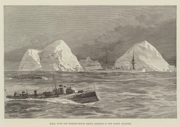 HMS Tyne en torpedoboten tussen ijsbergen in de Noord-Atlantische Oceaan