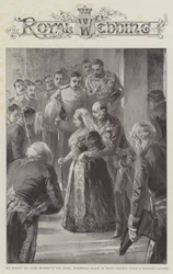 Hare Majesteit de Koningin begeleid naar de Kapel, Buckingham Palace, door Prins Christian Victor van Sleeswijk-Holstein