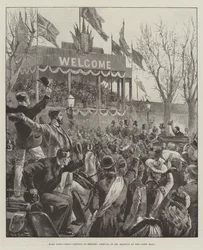 Home Rule, Grote Bijeenkomst in Belfast, Aankomst van Mr Balfour in de Linen Hall