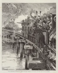 Marine manoeuvres in Portsmouth, pantser-trein trekt zich terug over brug en vuurt mijn om achtervolging af te snijden