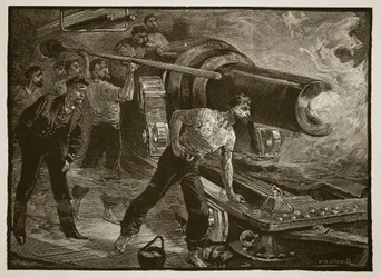 Zeestrijd: het bedienen van een scheepskanon, gegraveerd door W.J. Palmer