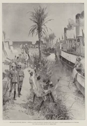 De Vooruitgang naar Dongola, Aankomst van de Kanonneerboten bij Kosheh van Wady Halfa, een Inheemse Demonstratie van Welkom