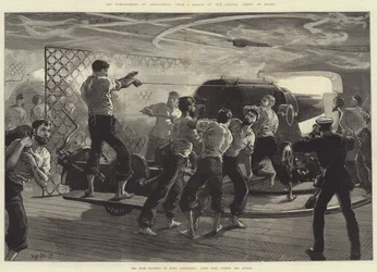 Het bombardement van Alexandrië, de hoofdbatterij van HMS Alexandra (bakboordzijde) tijdens de actie