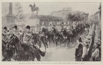 De koloniale processie door Trafalgar Square, de Canadese bereden troepen voorafgaand aan de premier van Canada