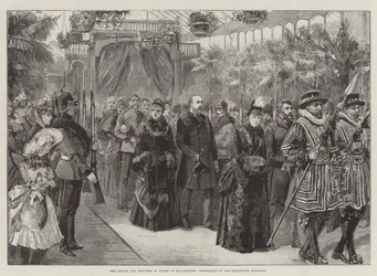 De prins en prinses van Wales in Manchester, processie in het tentoonstellingsgebouw