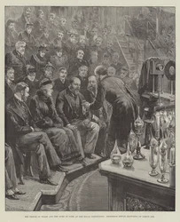 De Prins van Wales en de Hertog van York bij de Royal Institution, Professor Dewar geeft een lezing over Vloeibare Lucht