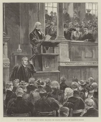 De zeer eerbiedwaardige W E Gladstone in Oxford, geeft de Romanes-lezing in het Sheldonian Theatre