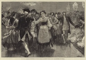 De koninklijke huwelijksfestiviteiten in Berlijn, kostuumquadrille gedanst voor de keizer en keizerin