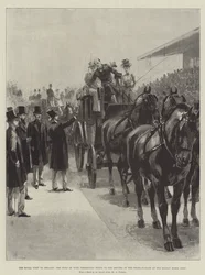 Het koninklijk bezoek aan Ierland, de hertog van York presenteert zwepen aan de bestuurders van de vierspannen op de Dublin Horse Show