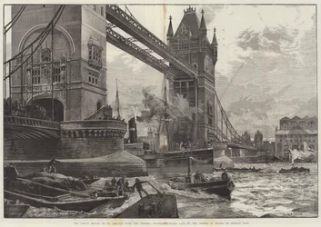 De Tower Bridge, te bouwen over de Theems, Fundering gelegd door de Prins van Wales op maandag laatst