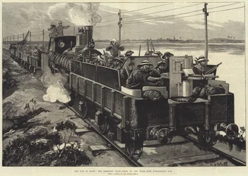 De Oorlog in Egypte, de Gepantserde Trein, voorkant van de Trein, met Nordenfeldt Kanon