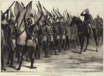 De Zoeloe Oorlog, Generaal Lord Chelmsford inspecteert het Inheemse Contingent aan de Oever van de Tugela, Inheemsen roepen H-H-Ooo!