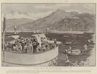 Bezoek aan de Japanse oorlogsschepen Akagi en Hiyei in de haven van Nagasaki, na de Slag bij de Yalu