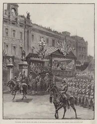 Vrijwilligersparade voor de koningin bij Buckingham Palace afgelopen zaterdag, het kunstenaarskorps marcheert voorbij