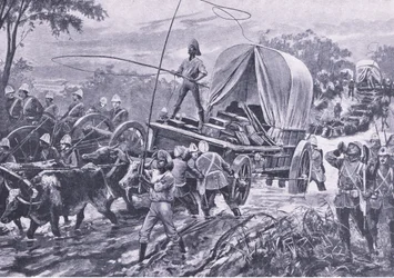 Zulu Oorlog: De Estowe Hulptroep steekt een stroom over, april 1879, illustratie uit British Battles on Land and Sea, 1915