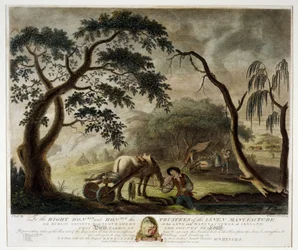 Het vlas uit het veen halen, plaat III van De linnennijverheid van Ierland, 1791