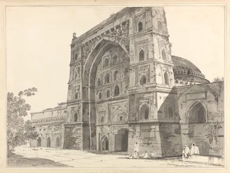 Gezicht op een moskee, dat wil zeggen een grafmonument, in Jaunpur