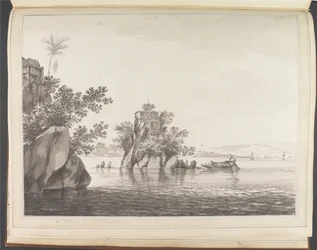 Gezicht op een geïsoleerde rots in de rivier de Ganges bij Jangerah [Jahangira]