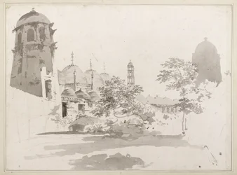 Een Uitzicht op de Cuttera Gebouwd door Jaffier Cawn in Murishidbad, ca. 1781 (grijze was en potlood op papier)