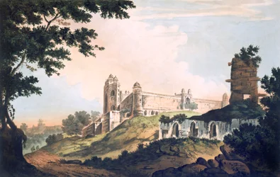 Een uitzicht op de moskee in Futtipoor Sicri, gepubliceerd 1785-88