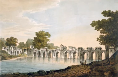 Een uitzicht op de brug bij Ilionpoor over de rivier Goomty uit 