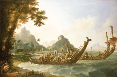 De oorlogsschepen van het eiland Otaheite (Tahiti) en de Society-eilanden, met een uitzicht op een deel van de haven van Ohaneneno, op het eiland Ulieta, een van de Society-eilanden