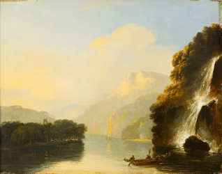 Waterval in Dusky Bay met een Maori kano