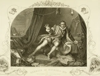 David Garrick als Richard III, Act V Scene 3, in het Toneelstuk van William Shakespeare, gegraveerd door Portbury