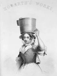 Voorstelling door J. Moore als gravure van het melkmeisje uit Hogarths De woedende muzikant
