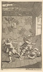 Hudibras slaat Sidrophel en Whachum Zeventien kleine illustraties voor Samuel Butler