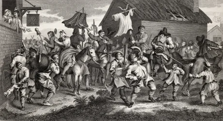 Hudibras ontmoet de Skimmington, gegraveerd door T.E. Nicholson, uit 