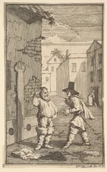 Hudubras en Ralpho discussiëren Zeventien kleine illustraties voor Samuel Butlers Hudibr..., 1721-26