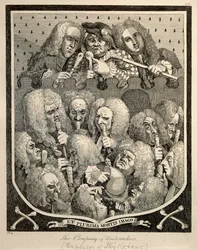 De Maatschappij van Begrafenisondernemers door Georg Friedrich Haendel, karikatuurgravure door William Hogarth