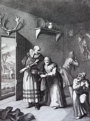 De kapelaan en de barbier vermommen zich om Don Quichot naar huis te brengen door William Hogarth