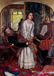 Het ontwakende geweten. Een jonge vrouw in zonde springt plotseling op, gekweld door een geestelijke openbaring, en probeert aan de armen van haar geliefde te ontsnappen. Schilderij van William Holman Hunt (1827-1910)