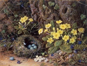 Stilleven met een vogelnest, sleutelbloemen en viooltjes