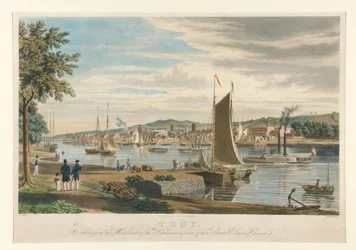 Troy. Gefotografeerd vanaf de westelijke oever van de Hudson, tegenover het arsenaal van de Verenigde Staten.