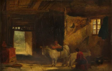 Een Welsh interieur met meisje dat een geit melkt
