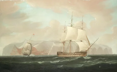 Een driedeks linieschip vaart weg van Jamestown, St. Helena, met haar escorterende fregat dat een afscheidsgroet afvuurt.