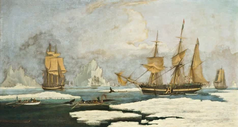 De Noordelijke Walvisvangst: Het schip Harmony van Hull en andere ijsgebonden walvisjagers, jagen op zeehonden, narwallen en walvissen op het Davis Straits walvisvangstgebied bij Groenland